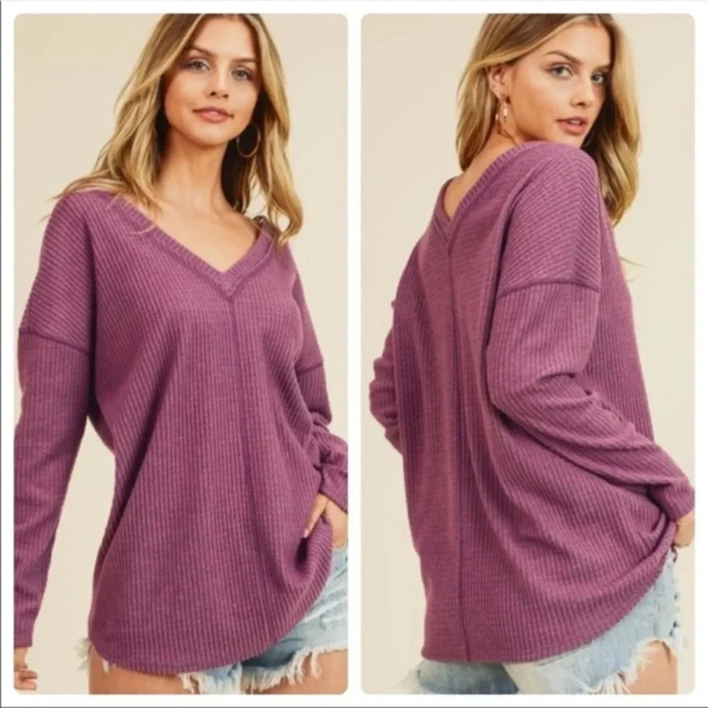 Oversized Plum Waffle Knit V-Neck Top | Soft Brushed Long Sleeve Pullover